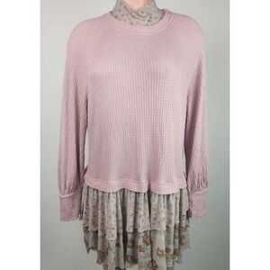 Free People‎ Women's Waffle Knit Tiered Floral Tunic Top Boho Size Small Petite